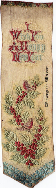 Bookmark with title words and image of two robins on holly branch