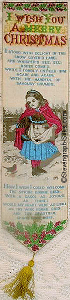 Bookmark with title words, words of verse, image of young girl feeding a robin, followed by further verse
