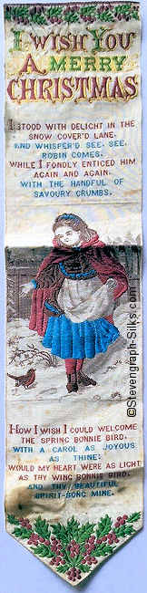 Bookmark with title words, words of verse, image of young girl feeding a robin, followed by further verse
