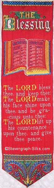 Bookmark with image of open bible, title words, words of reading and woven with red background
