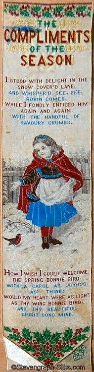 Bookmark with image of lillte girl feeding a robin in the snow, with words of rhyme