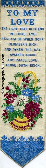 Bookmark with title words, words of verse and image of flowers in a basket