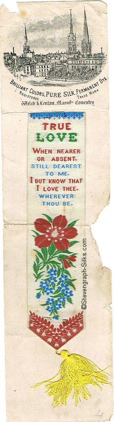 Silk bookmark with title words and verse, still attached to original stiff backing paper