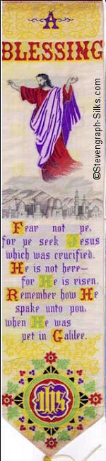 bookmark with image of Jesus standing on cloud above buildings, with title words and words of verse