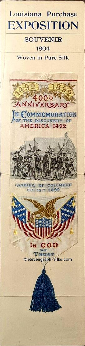 Words and image of Columbus arriving in America with Star Spangled banner, with Mannion name on reverse