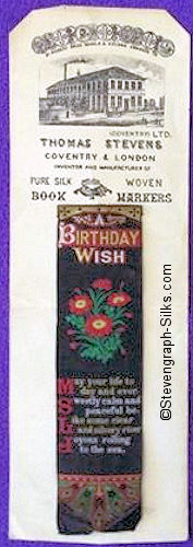 Silk bookmark attached to Thomas Stevens stiff backing paper, with title words and verse of poem