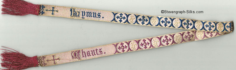 Narrow religious bookmark with title of HYMNS, joined with one other narrow religious bookmarks