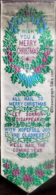 bookmark with title words woven inside an oval wreath, and further words in below