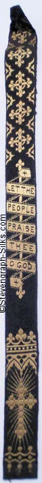 Narrow religious bookmark, woven in black silk, with title words