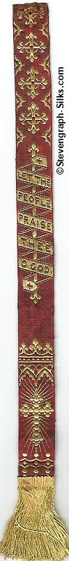 Narrow religious bookmark, woven in red silk, with title words
