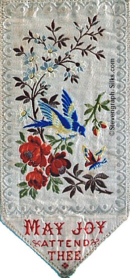 Bookmark with image of bird and flowers, with title words at the bottom