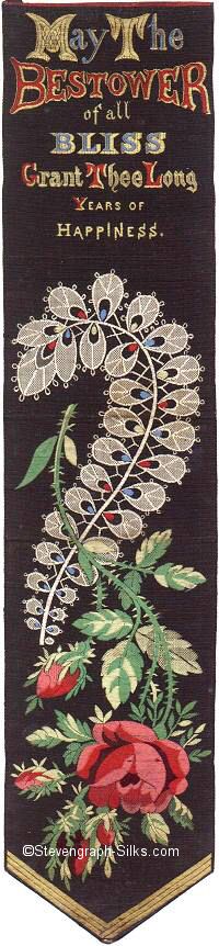 Bookmark with words, red rose and leaves and device mimicking silver leaves