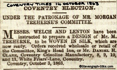 Coventry Times newspaper advert of a commission by Welch & Lenton for a woven silk ribbon of Treherne