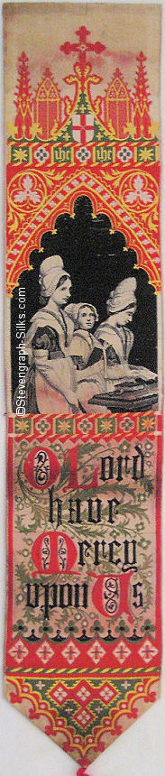 Bookmark with three ladies stood at rail, with gothic arch above, and words below
