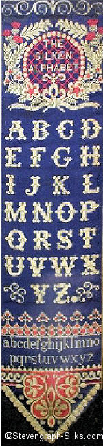 blue background bookmark with woven letters of the alphabet