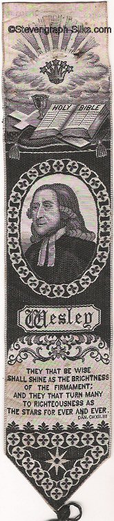 Bookmark with image of the Holy Bible, portrait of Wesley and words