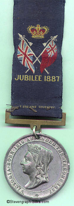 Ribbon with words: Jubilee 1887, and medal attached