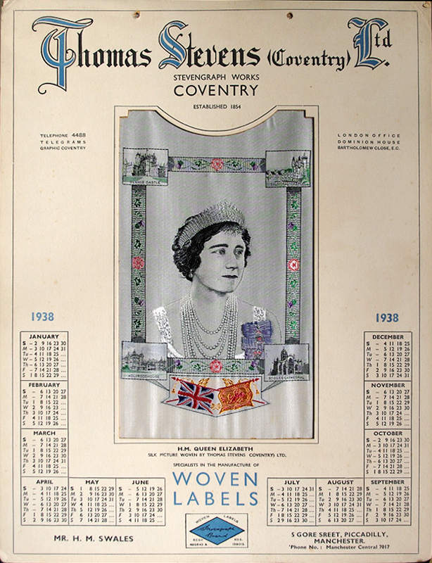 Image of the Stevengraph portrait of Her Majesty QUEEN ELIZABETH, mounted as a calendar for 1938