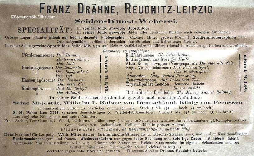 Image of Franz Drähne Back Label, with German titles of Stevens' silks
