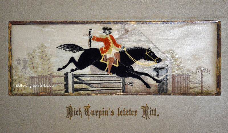 Image of Dick Turpin jumping a closed gate on his horse, Black Bess, with German title, Dick Turpin's letzter Ritt, printed below