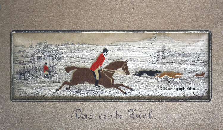 Two hounds chasing a hare, with a judge followin gon horseback, with German title, Das erste Ziel, printed on cardboard matt.