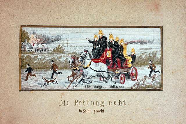 Image of firemen on a fire engine pulled by two horses, racing to a house on fire, with German words, Die Rettung naht, printed on card mount