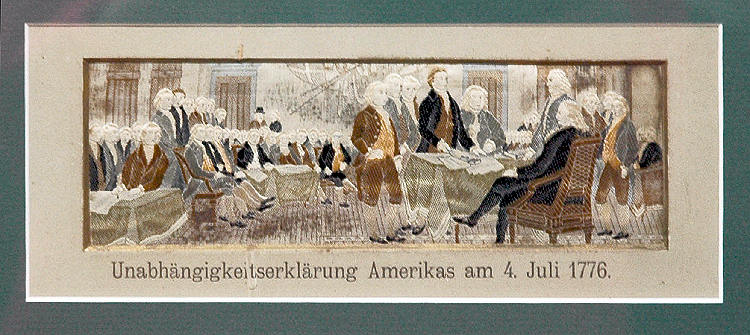 Stevens silk depicting the Signing of the Declaration of Independence on July 4th, 1776, Unabhangigkeitserklarung Amerikas am 4. Juli 1776., printed on card mount