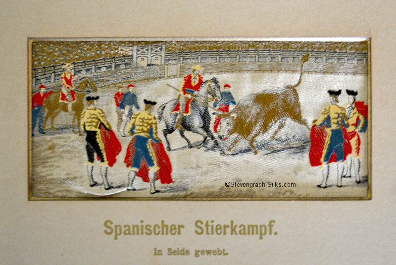 Image of bullfighters and bull in a ring, with German title, Spanischer Stierkampf, printed below