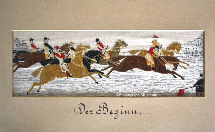 Seven riders on horseback, just starting off on a race, with German title, Der Beginn, printed on cardboard matt.
