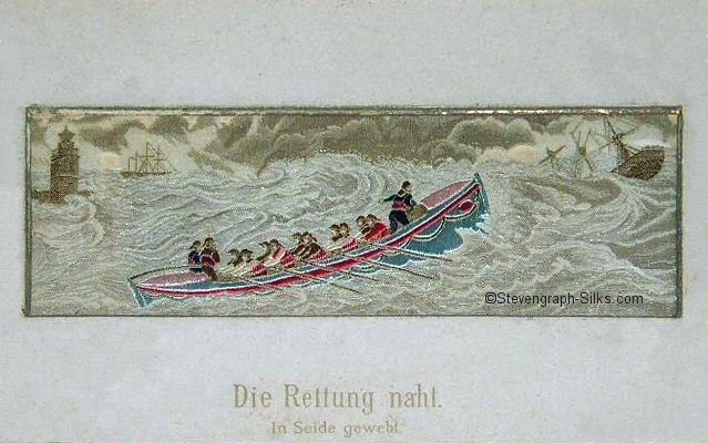 Image of lifeboat being rowed in rough sea to rescue from a stricken sailing ship, with German title, Die Rettung naht, printed below