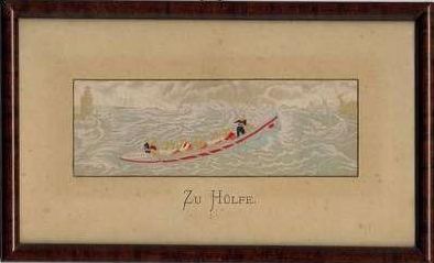 Stevens silk picture of boat being rowed out to rescue survivors from a wreck, with German language title,Zu Hülfe