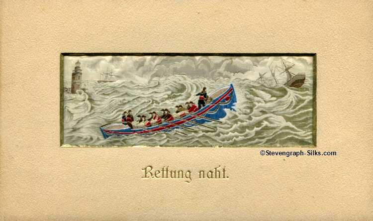 Stevens silk picture of boat being rowed out to rescue survivors from a wreck, with German language title, Rettung naht, printed on card