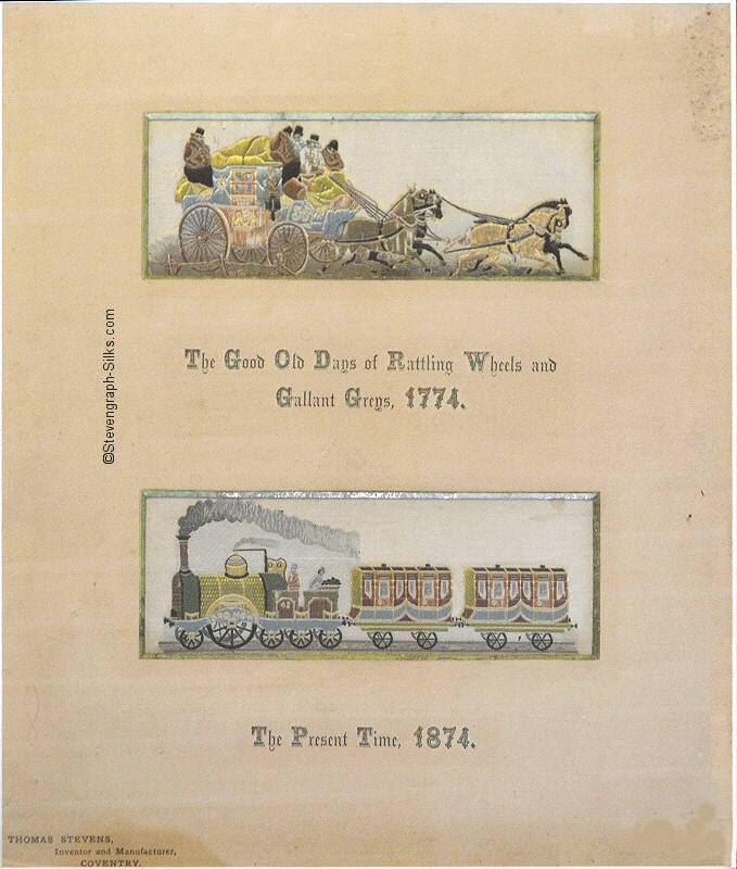 Image of two silks in one frame, being st260-The Good Old Days, without the winter background, and st476-The Present Time, with Thomas Stevens only credit