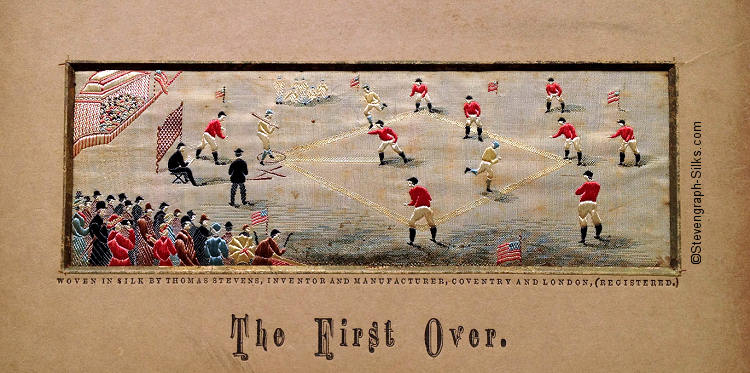 card mount has title of The First Over, being a cricket game, but actual silk is a baseball game, with Stevens title The First Innings