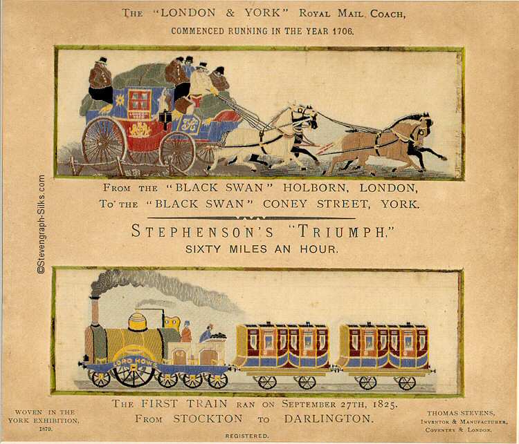 Image of two silks in one frame, being st264-The London & York Royal Mail Coach and st564-Stephenson's Triumph