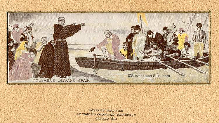 Image of priest blessing Columbus and his crew in their row boat, with relatives looking on