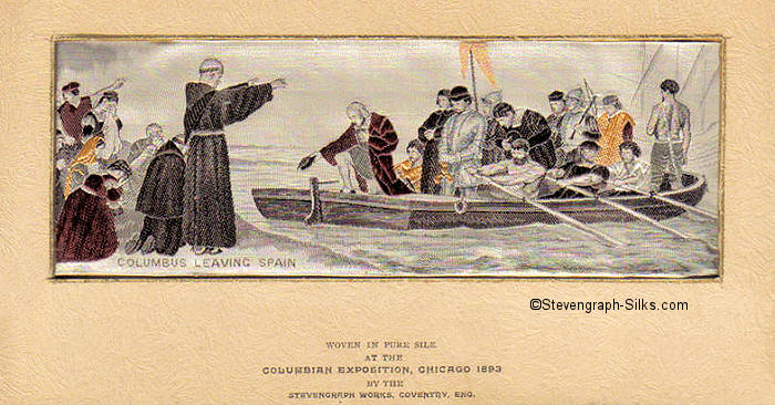 same picture of priest blessing Columbus and his crew in their row boat, but with different words printed on the card mount, and credit to Stevens