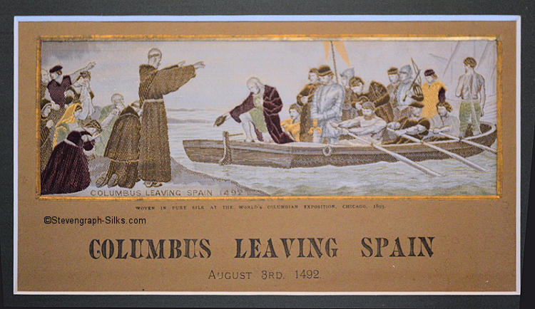 same picture of priest blessing Columbus and his crew in their row boat, with relatives looking on, but with different wording printed on card
