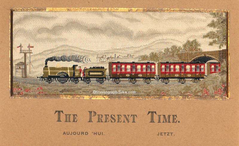 Image of normal Steven's The Present Time, with a steam engine and two and part of a third carriage, but with three titles printed on card mount