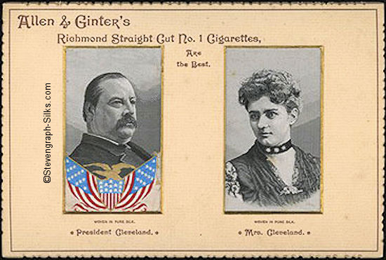 Portraits of President and Mrs. Cleveland, mounted in an Allen & Ginter's advertising card frame