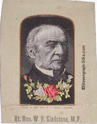 Image of William Gladstone, M.P. looking half to his right, but with the head being smaller than all other Stevens portraits