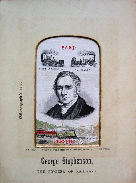 Image of George Stephenson, and locomotives