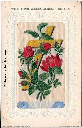 Stevens Alpha series postcard with image of red roses round a gold cross