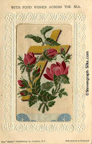 Stevens Alpha series postcard with image of red roses round a gold cross