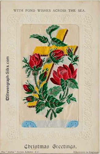 Stevens Alpha series postcard with woven image of red roses and gold coloured cross, from the Stevens bookmark, with printed title