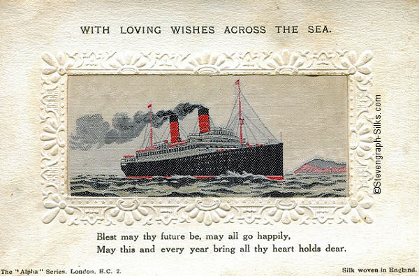 Stevens Alpha series postcard with ocean liner and words