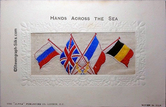 Stevens Alpha series postcard with woven flags and words above silk panel
