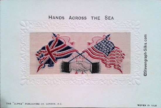 Alpha series postcard of Stevens Hands Across the Sea, with woven flags of Great Britain and USA