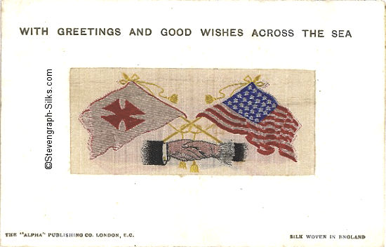 Stevens Alpha series postcard of Stevens Hands Across the Sea, with woven flags of Malta and USA