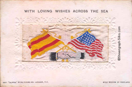 Alpha series postcard of Stevens Hands Across the Sea, with woven flags of Spain and USA